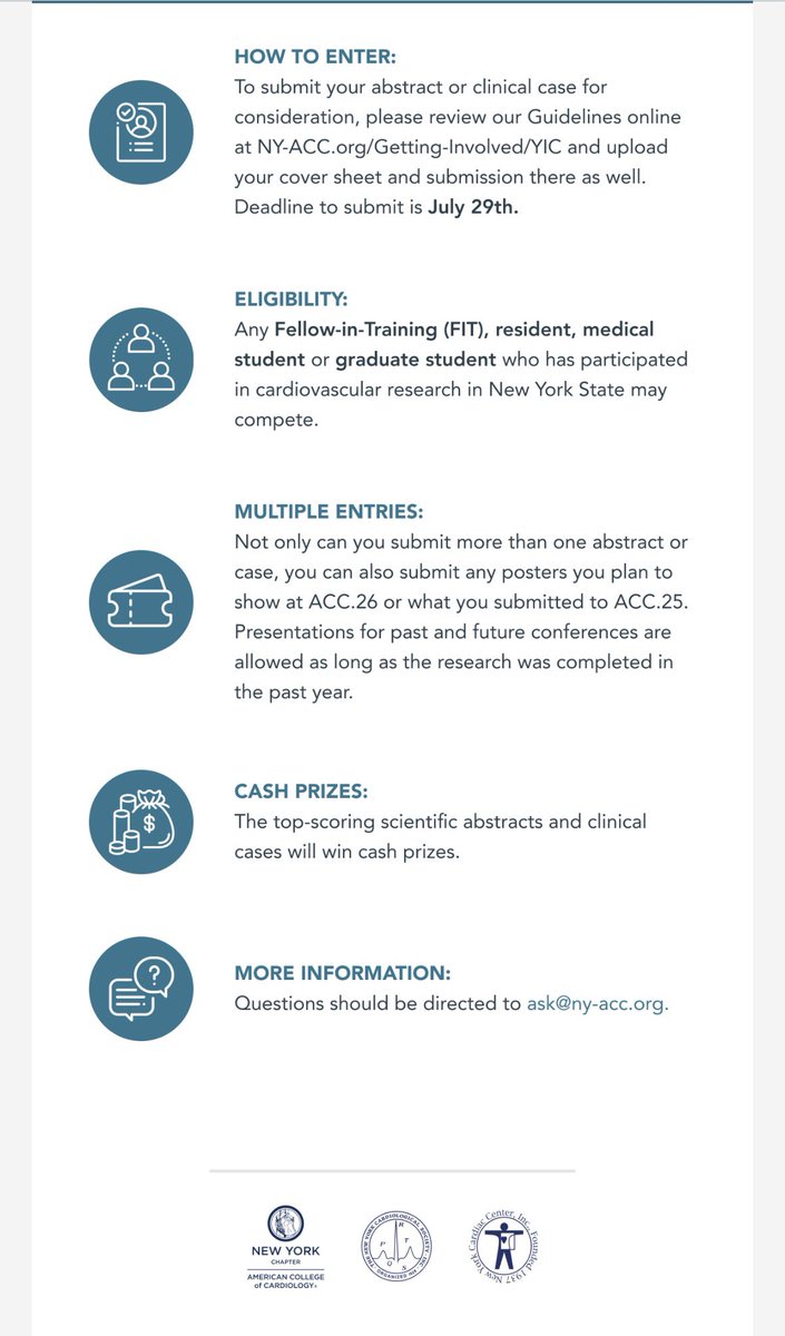 Alexa B. Kahn, MD (@alexab_kahnmd) on Twitter photo 🚨Attention #ACCFITs, residents, & medical students in NY State, don't miss out!!
Submit your cardiovascular research abstract or clinical case for the NYACC Young Investigators Competition.
🗓️Deadline to submit is July 29th
👇
ny-acc.org/getting-involv…
<a href="/NYSCACC/">New York Chapter, ACC</a> <a href="/RonakBharucha/">Ronak Bharucha, DO</a> 🚨Attention #ACCFITs, residents, & medical students in NY State, don't miss out!!
Submit your cardiovascular research abstract or clinical case for the NYACC Young Investigators Competition.
🗓️Deadline to submit is July 29th
👇
ny-acc.org/getting-involv…
<a href="/NYSCACC/">New York Chapter, ACC</a> <a href="/RonakBharucha/">Ronak Bharucha, DO</a>