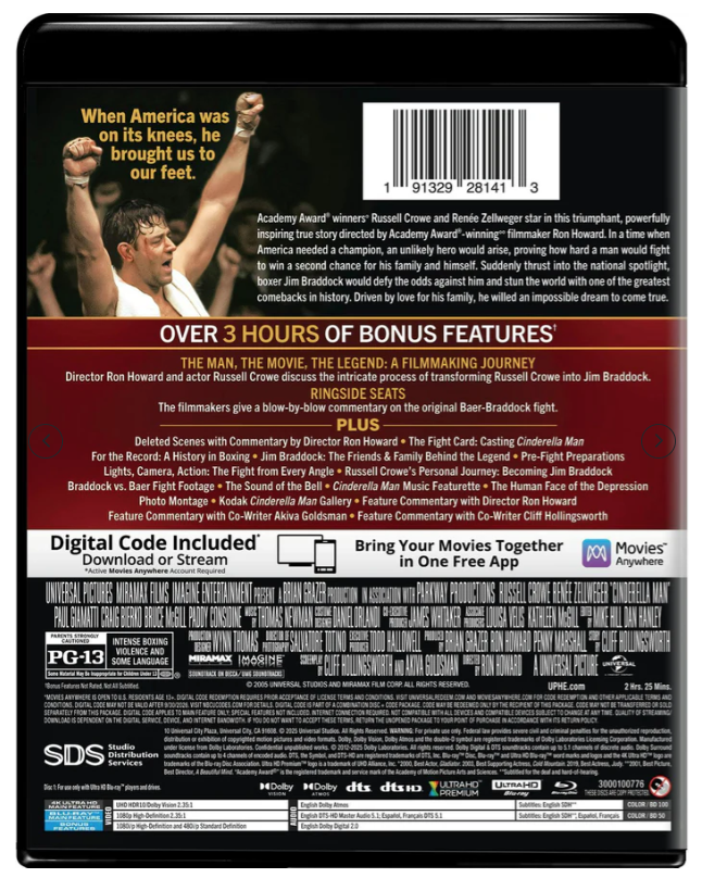 Highdefwatch's tweet image. RON HOWARD'S three @TheAcademy nominated 'CINDERELLA MAN' arrives on 4K @UltraHDBluray Sept. 16 from @UniversalPics - featuring new @Dolby #Atmos #Vision grading - encoded onto 100 GB disc - Captured on Super 35, originally a 2K master - 🎬🎞️🎥📽️💿