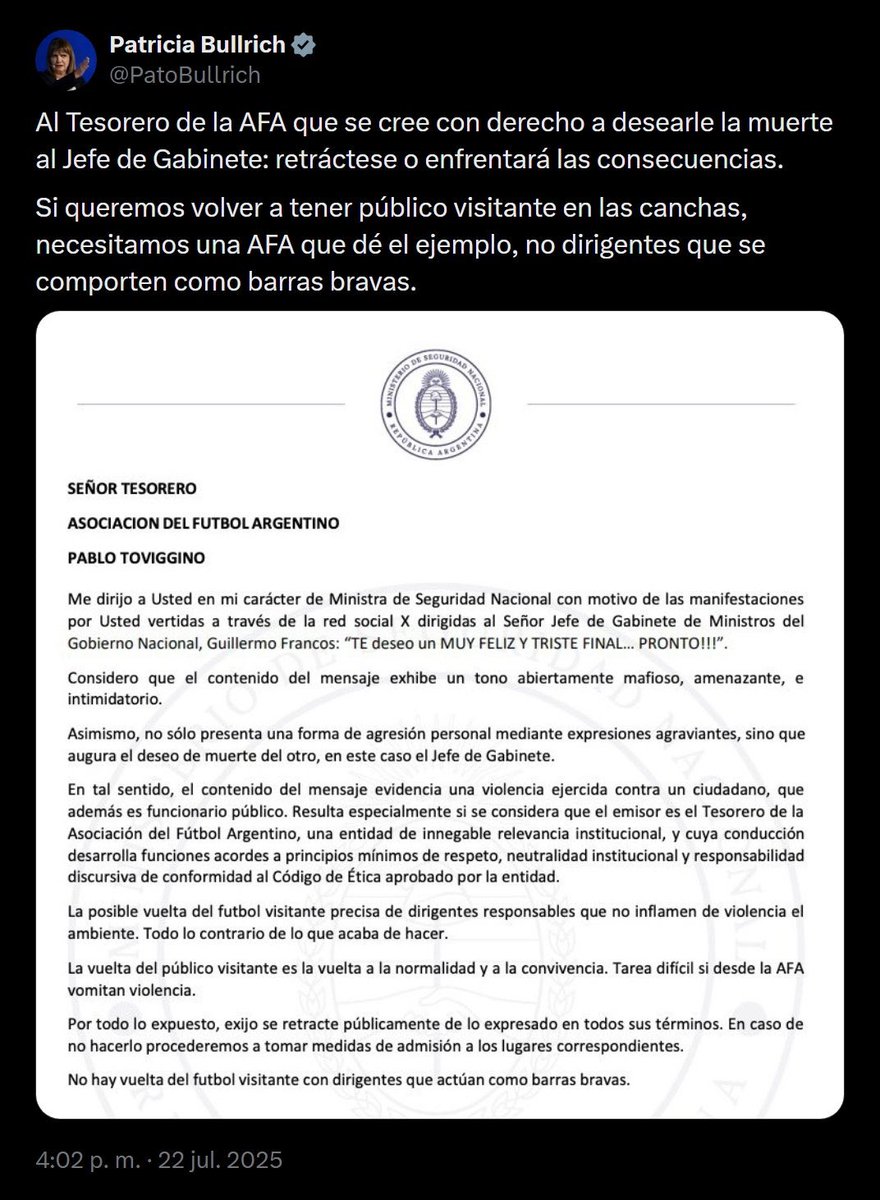 porquetendencia's tweet image. "Toviggino":
Por la publicación de @PatoBullrich contra el tesorero de la AFA