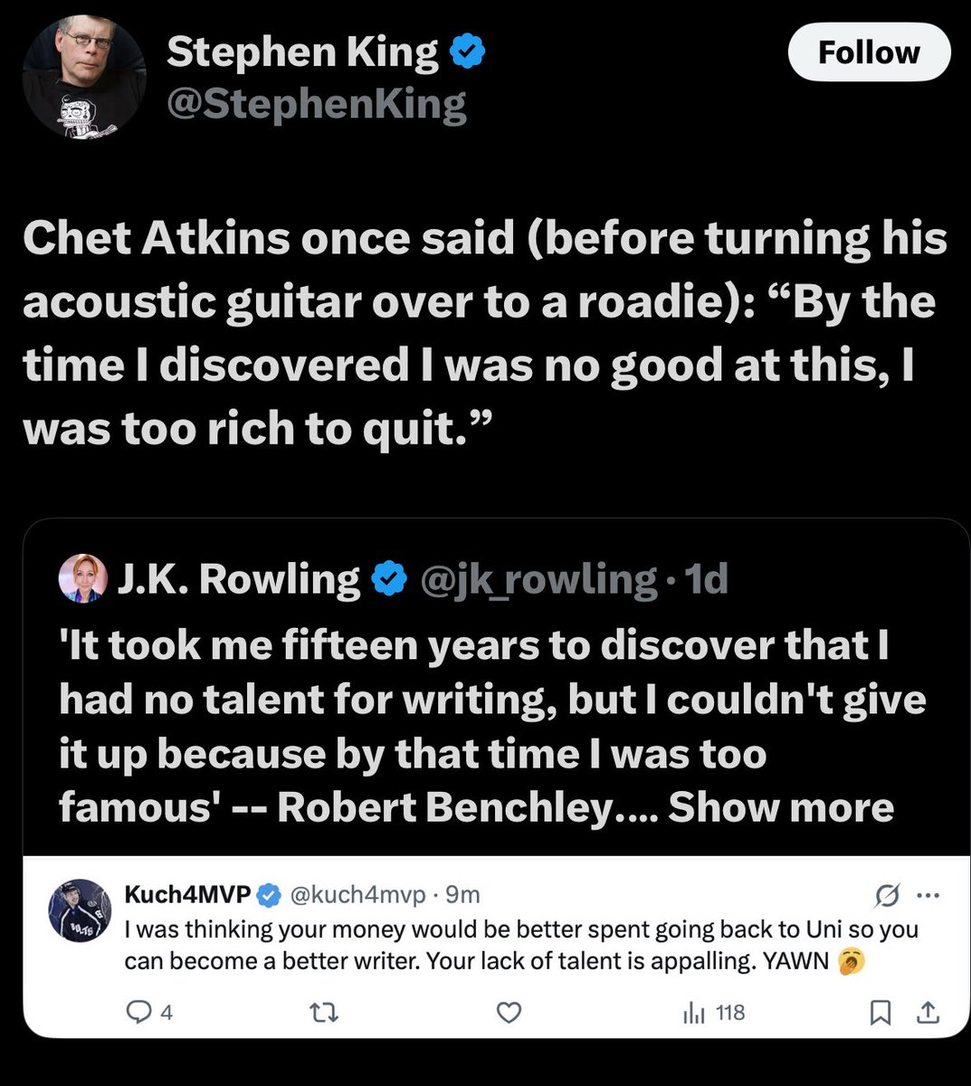 kuch4mvp's tweet image. Someone tell me why Stephen king is talking about me now. What the fuck is this timeline. I am a hockey account