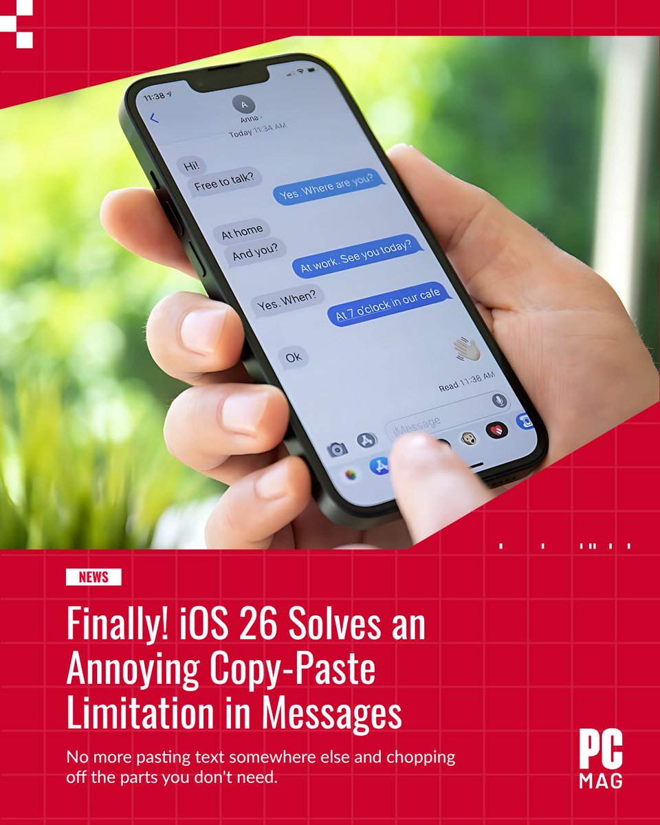 PCMag's tweet image. Copying just part of a message used to mean copying everything and trimming the rest. 

With #iOS26, you can now hold a message, tap “Select,” and highlight only what you need.

🔗 pcmag.com/news/finally-i…

#iphonehacks #technews