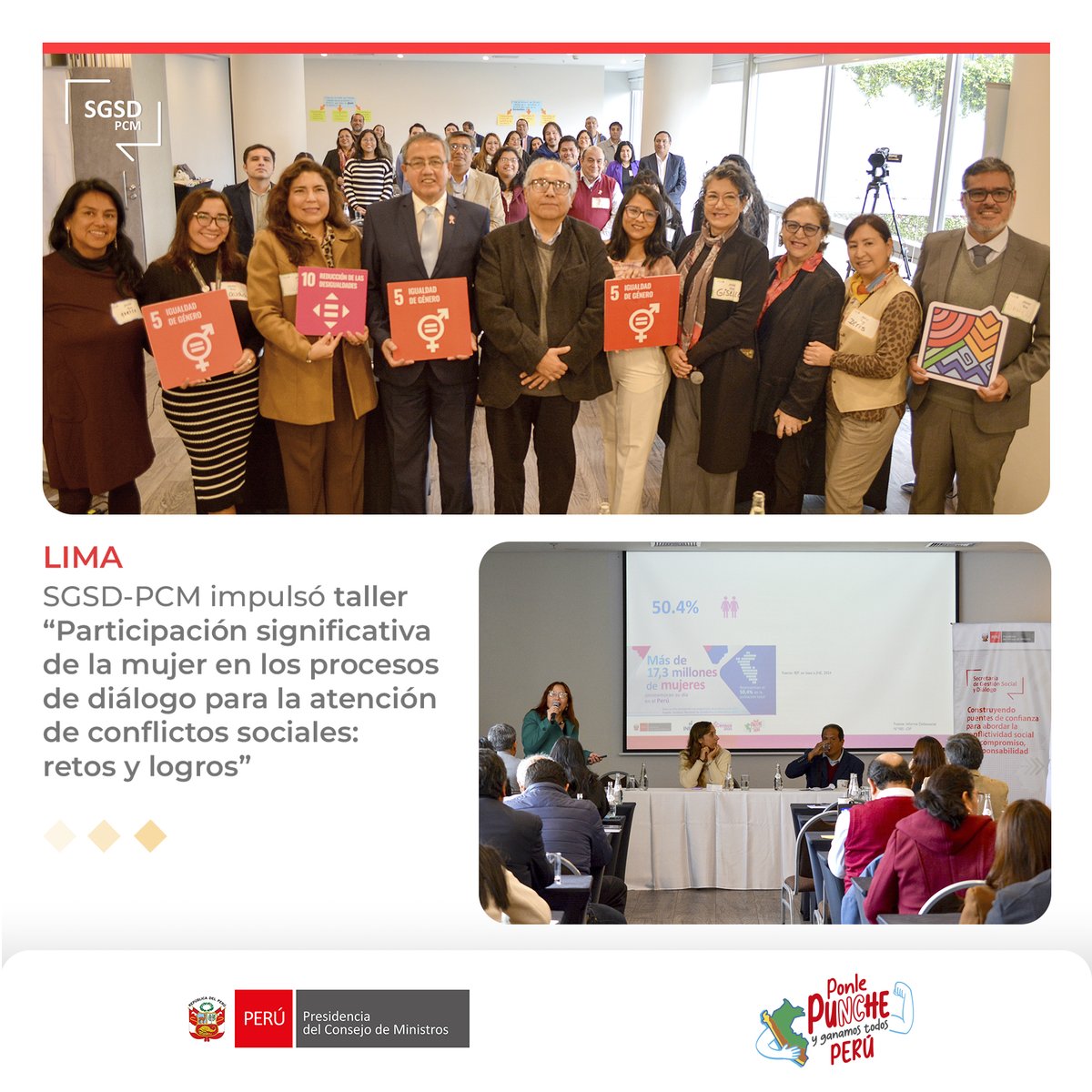 PCM_SGSD's tweet photo. 📌#Lima l Con gran éxito concluyó el taller “Participación significativa de la mujer en los procesos de diálogo para la atención de conflictos sociales: retos y logros”, en coordinación con el proyecto “Rimanakuy – Nos Estamos Escuchando” del @PNUDperu con la @PCM_SGSD. https://t.co/AtXK4nXLEZ