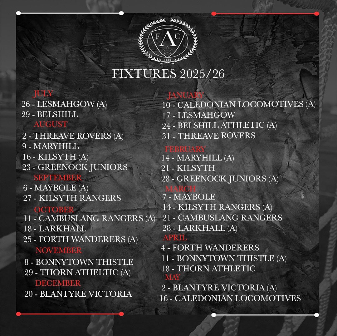 Ashfield’s season 25/26 West of Scotland 2nd Division Fixtures