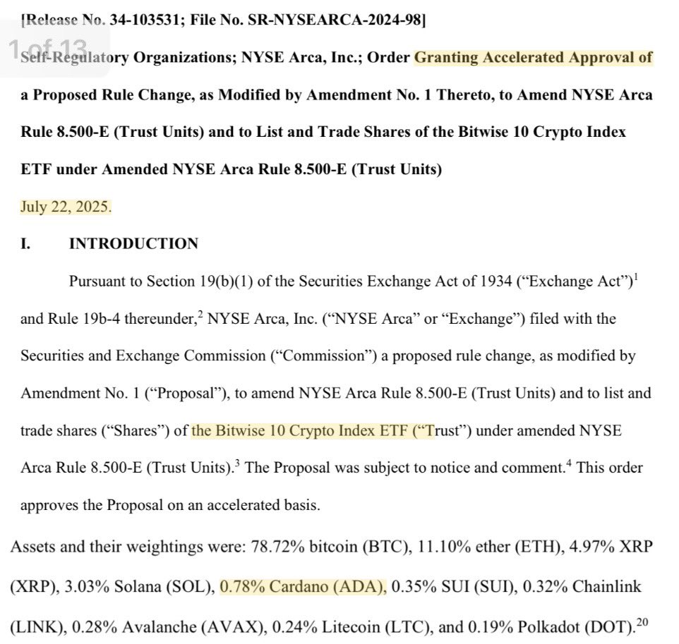 StakeWithPride's tweet image. 🚨 SEC approves Bitwise Index ETF with $ADA.