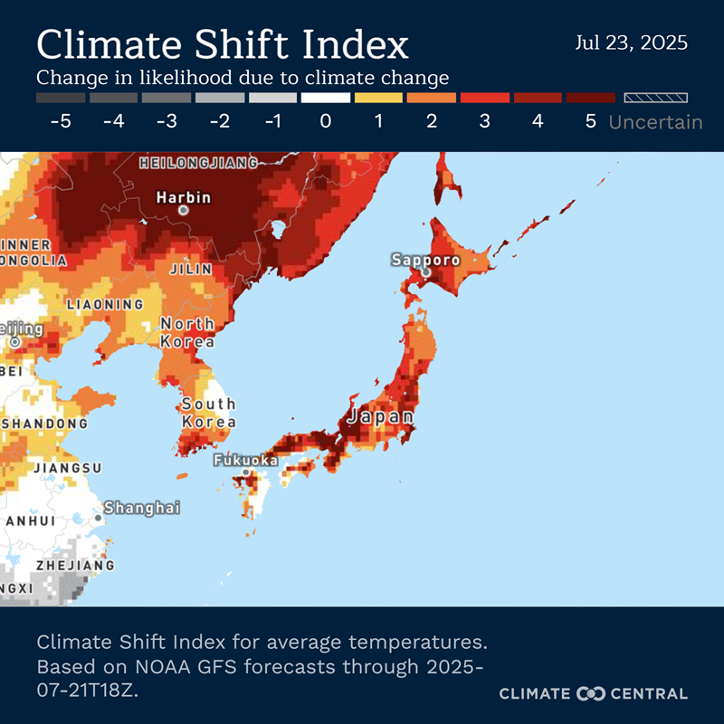 Beyond_Climate's tweet photo. 7月23日も日本は広い範囲で化石燃料を燃やし続けなければ起こり得なかった暑さになります。私の出身地、京都の殺人的な暑さは、もう何日も続けて温暖化の影響で5倍以上起こりやすくなっています。化石燃料を使い続けることで利益を得る人たちと、命や健康にリスクが及ぶ人たち。不公正をなくさないと。 https://t.co/44L3OPzdGT