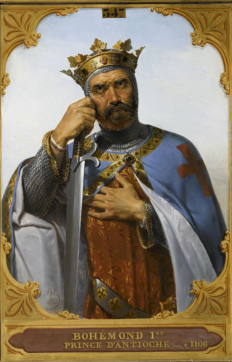 MemoryMedieval's tweet image. The most common pictoral representation of Bohemond is the portrait (first pictured) by Merry-Joseph Blondel.
However, Bohemond probably looked more like a clean-shaven pewdiepie with a bit of a more Norman hairstyle (uncommonly, not shoulder length but above the ears), on a…