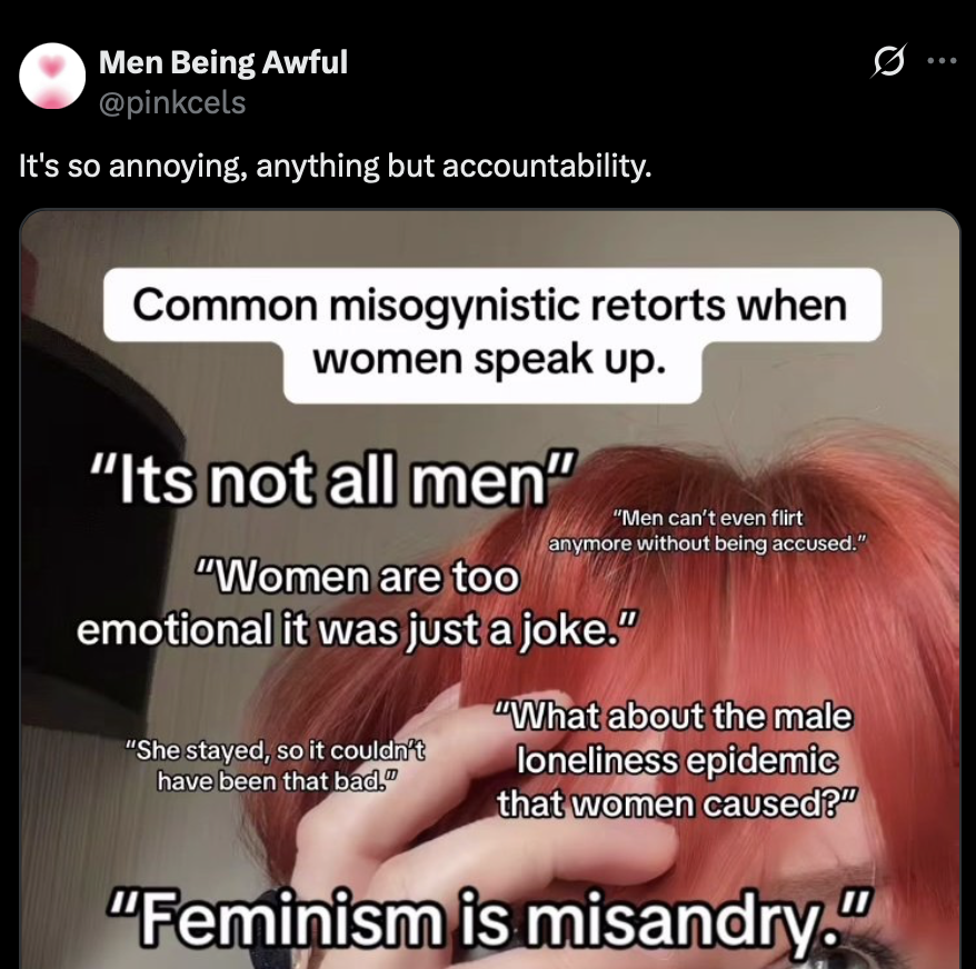 Accountability is taking responsibility for your own actions, not the actions of all men. 
You'd know that, if you were accustomed to taking it.