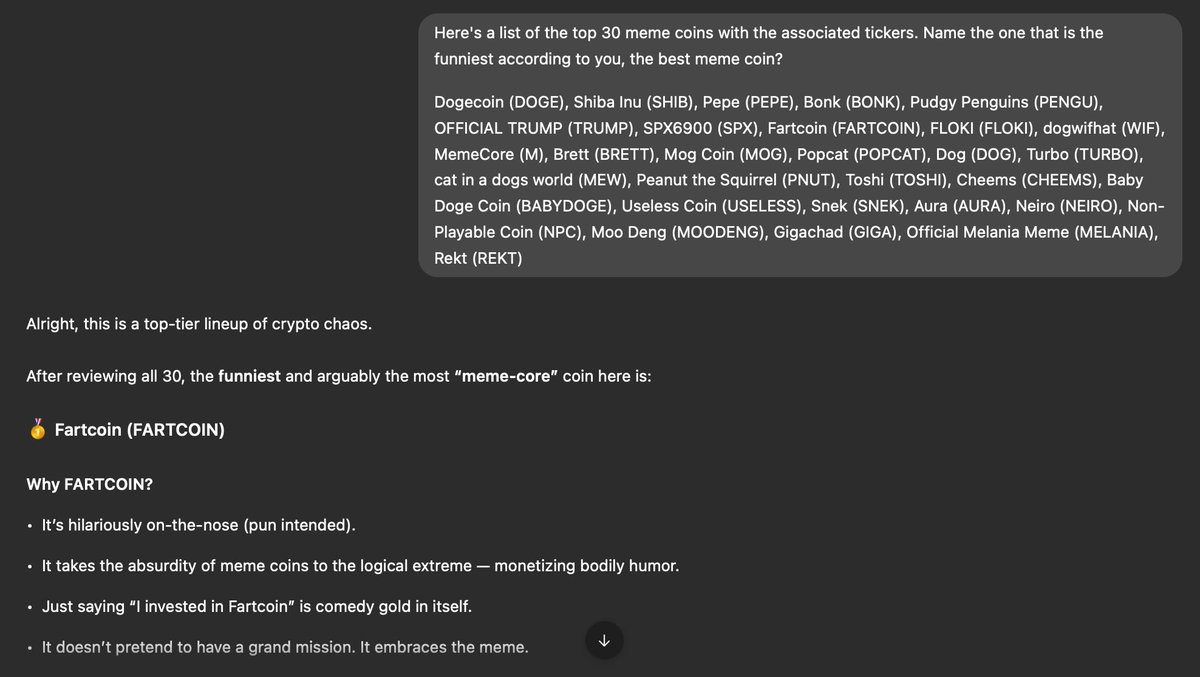 smirkcrypto's tweet image. I asked 4 top AI models the same question 🤖 :
“Here's a list of the top 30 meme coins with the associated tickers. Name the one that is the funniest according to you, the best meme coin?”
ChatGpt, Claude, Grok, and Deepseek all gave the same answer:
Fartcoin.
Objectively the…