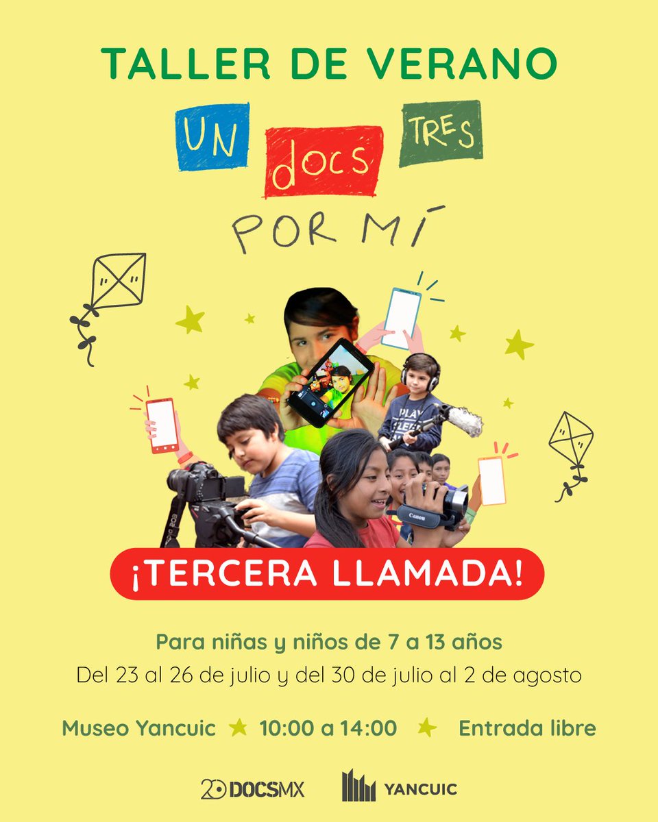 DocsMX's tweet image. 🎬📣 ¡Última llamada para hacer cine este verano!
Mañana empieza el taller Un, docs, tres por mí en el @Museo_Yancuic. Regala esta experiencia divertida de hacer una película. 💛
¡Aún estás a tiempo de inscribir a tus peques! 👉 bit.ly/4nXSqVX