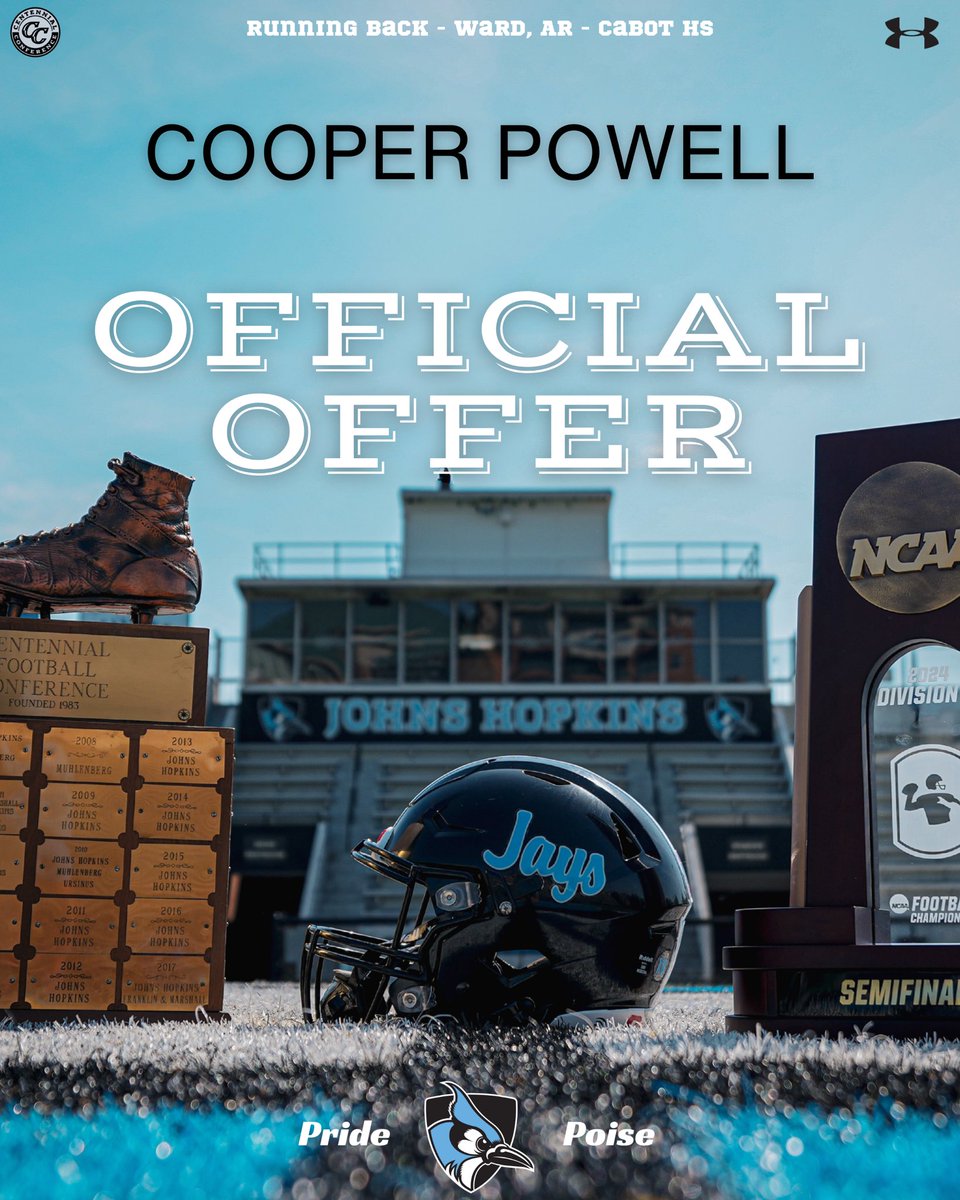 Cooper Powell (@cooperapowell) on Twitter photo After an amazing conversation with <a href="/CoachWodicka/">Dan Wodicka</a> and the Johns Hopkins staff, I am beyond grateful to say that I have received an offer from <a href="/JHU_Football/">Johns Hopkins Football</a>. #GoJays <a href="/CabotFB/">Cabot Football</a>
<a href="/Coach_Costadina/">Joe Costadina</a>
<a href="/joe_eldredge/">Joe Eldredge</a>
<a href="/CoachRio55/">Mario Byrd</a>
<a href="/CoachCrevani/">Stephen Crevani</a>
<a href="/CoachHorvatits/">Alex Horvatits</a>
<a href="/_BJ_Hill7/">B.J. Hill</a>
<a href="/CoachHWolf/">Hugh Wolf</a> After an amazing conversation with <a href="/CoachWodicka/">Dan Wodicka</a> and the Johns Hopkins staff, I am beyond grateful to say that I have received an offer from <a href="/JHU_Football/">Johns Hopkins Football</a>. #GoJays <a href="/CabotFB/">Cabot Football</a>
<a href="/Coach_Costadina/">Joe Costadina</a>
<a href="/joe_eldredge/">Joe Eldredge</a>
<a href="/CoachRio55/">Mario Byrd</a>
<a href="/CoachCrevani/">Stephen Crevani</a>
<a href="/CoachHorvatits/">Alex Horvatits</a>
<a href="/_BJ_Hill7/">B.J. Hill</a>
<a href="/CoachHWolf/">Hugh Wolf</a>