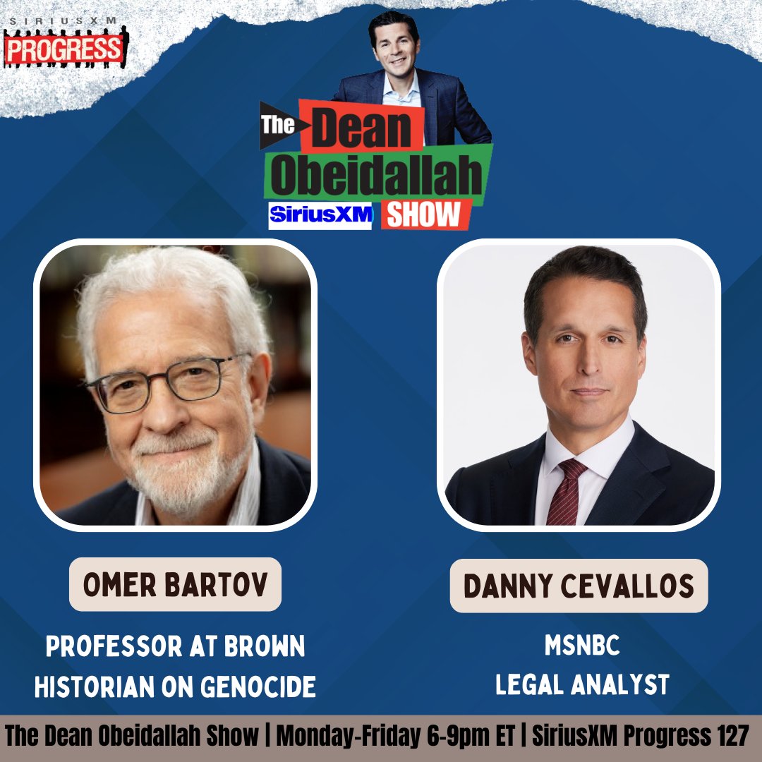 SiriusXMProg's tweet image. The Dean Obeidallah Show is live!
@DeanObeidallah is here to breakdown the news from the day!
Joining him today is Omer Bartov and @CevallosLaw!
☎️: 866-997-4748
🔊: SiriusXM.us/Dean