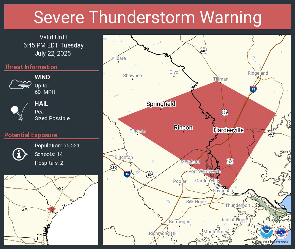 NWSCharlestonSC's tweet image. Severe Thunderstorm Warning including Rincon GA, Hardeeville SC and Springfield GA until 6:45 PM EDT
