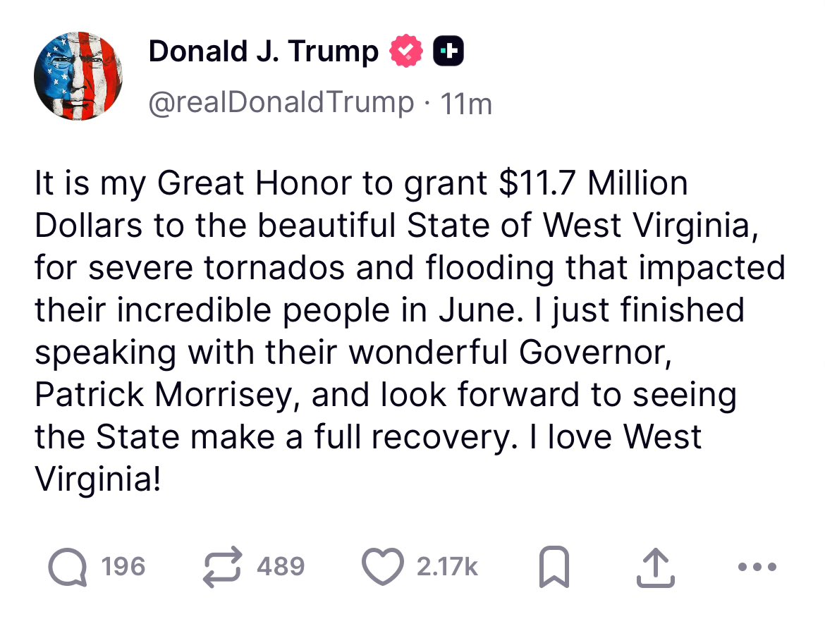wvgovernor's tweet image. President Trump and his administration has shown once again that they will step up and support West Virginia. Thank you for providing us with another tool to help these communities make a full recovery.