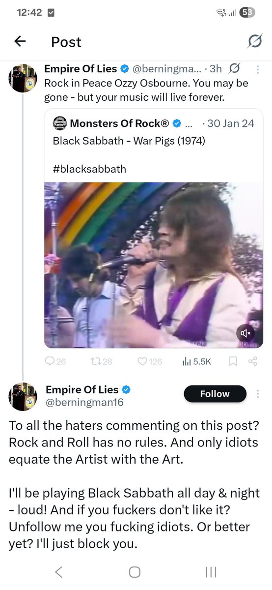 The account Empire Of Lies is blocking people left and right for criticising Ozzy Osborne in one of his posts. Comments were not even attacking him for sharing this. This reply pissed him off. Excuse us for being the "idiots" that equate artists with art. Another day, another
