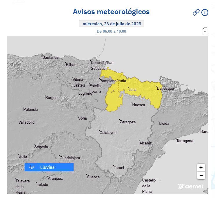 CH del Ebro (@ch_ebro) on Twitter photo Avisos🟡 @AEMet por ⛈️ intensas (15 l/m2 en 1h). Se recuerda la posibilidad de crecidas súbitas en cauces menores y barrancos de Pirineos navarro y aragonés y Cinco Villas en la primera mitad 23-07. A las 10am se ampliará info <a href="/112Aragon/">112 Aragón</a> <a href="/DelGobEnAragon/">Delegación del Gobierno en Aragón</a> <a href="/112_na/">112 Sos Navarra / Nafarroa</a> <a href="/DelegGobNavarra/">DelegGobNavarra</a> Avisos🟡 @AEMet por ⛈️ intensas (15 l/m2 en 1h). Se recuerda la posibilidad de crecidas súbitas en cauces menores y barrancos de Pirineos navarro y aragonés y Cinco Villas en la primera mitad 23-07. A las 10am se ampliará info <a href="/112Aragon/">112 Aragón</a> <a href="/DelGobEnAragon/">Delegación del Gobierno en Aragón</a> <a href="/112_na/">112 Sos Navarra / Nafarroa</a> <a href="/DelegGobNavarra/">DelegGobNavarra</a>