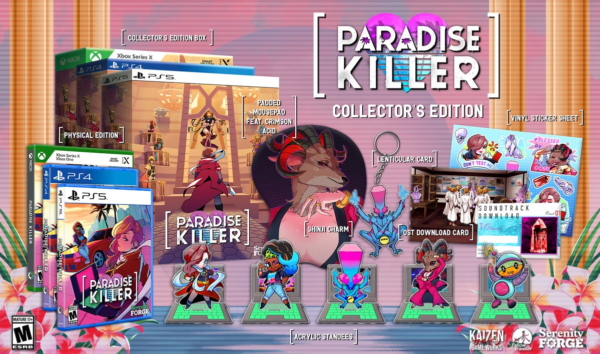 SerenityForge's tweet image. Our physical editions and merch for Paradise Killer are on sale all week at the Serenity Forge Store! 😎
🐐 Paradise Killer - Collector's Edition
🕵️♂️ Paradise Killer - Physical Edition
🌶️ "Too Hot To Handle" Shinji Keychain
Get yours today: store.serenityforge.com/collections/pa…