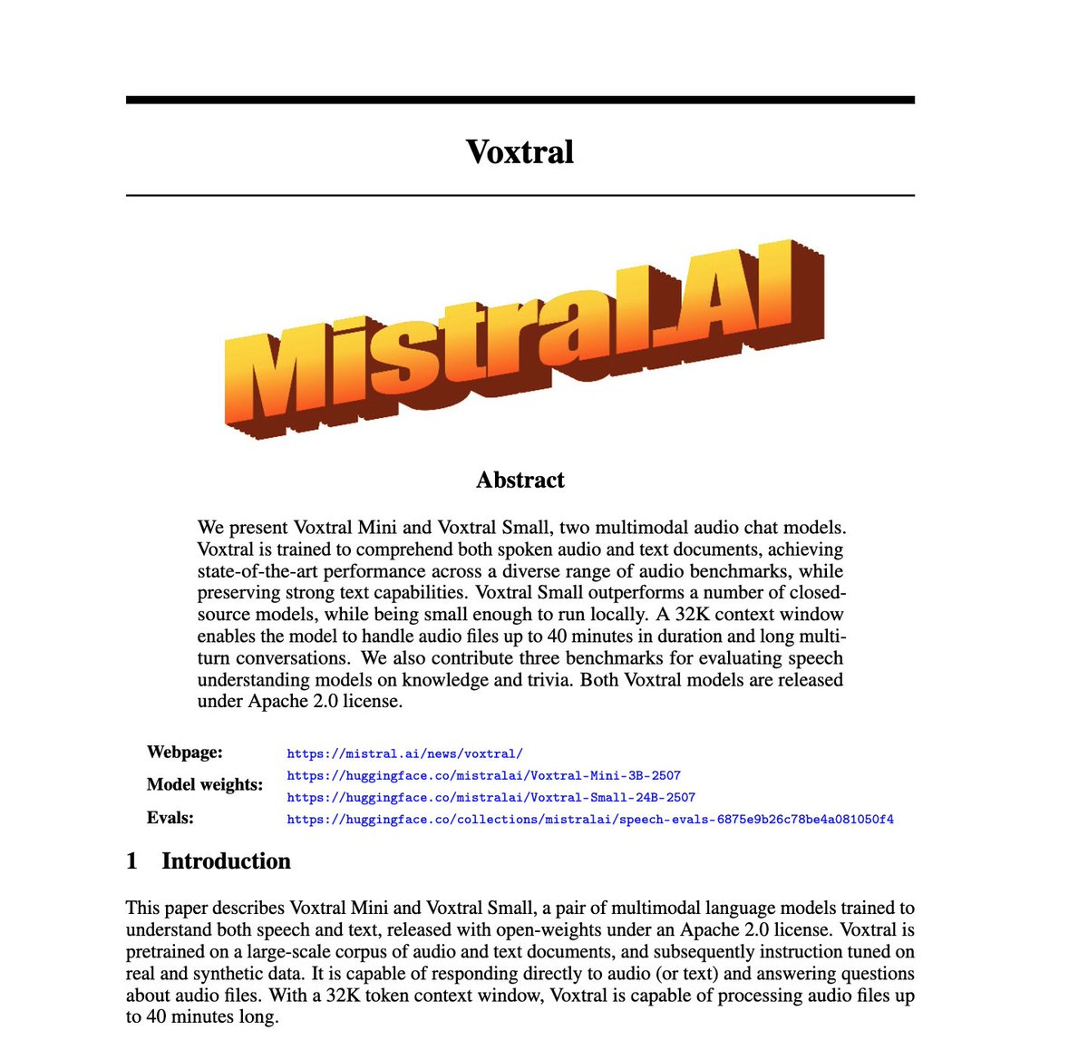 MistralAI's tweet image. In our continued commitment to open-science, we are releasing the Voxtral Technical Report: arxiv.org/abs/2507.13264
The report covers details on pre-training, post-training, alignment and evaluations. We also present analysis on selecting the optimal model architecture, which…