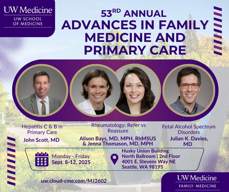UW CME (@uwcme) on Twitter photo 🏥 Join us for the 53rd Annual Advances in Family Medicine & Primary Care!
Featuring Dr. John Scott, Drs. Bays & Thomason, & Dr. Julian Davies.
🔗 cloud-cme.com/MJ2602
#FamilyMedicine #PrimaryCare #MedicalConference <a href="/UWMedicine/">UW Medicine</a> <a href="/uwfm/">UW Family Medicine</a> <a href="/uwfmres/">University of Washington Family Medicine Residency</a> <a href="/fac_uw/">UW School of Medicine Faculty Affairs</a> <a href="/uwsomwwami/">University of Washington School of Medicine</a> 🏥 Join us for the 53rd Annual Advances in Family Medicine & Primary Care!
Featuring Dr. John Scott, Drs. Bays & Thomason, & Dr. Julian Davies.
🔗 cloud-cme.com/MJ2602
#FamilyMedicine #PrimaryCare #MedicalConference <a href="/UWMedicine/">UW Medicine</a> <a href="/uwfm/">UW Family Medicine</a> <a href="/uwfmres/">University of Washington Family Medicine Residency</a> <a href="/fac_uw/">UW School of Medicine Faculty Affairs</a> <a href="/uwsomwwami/">University of Washington School of Medicine</a>