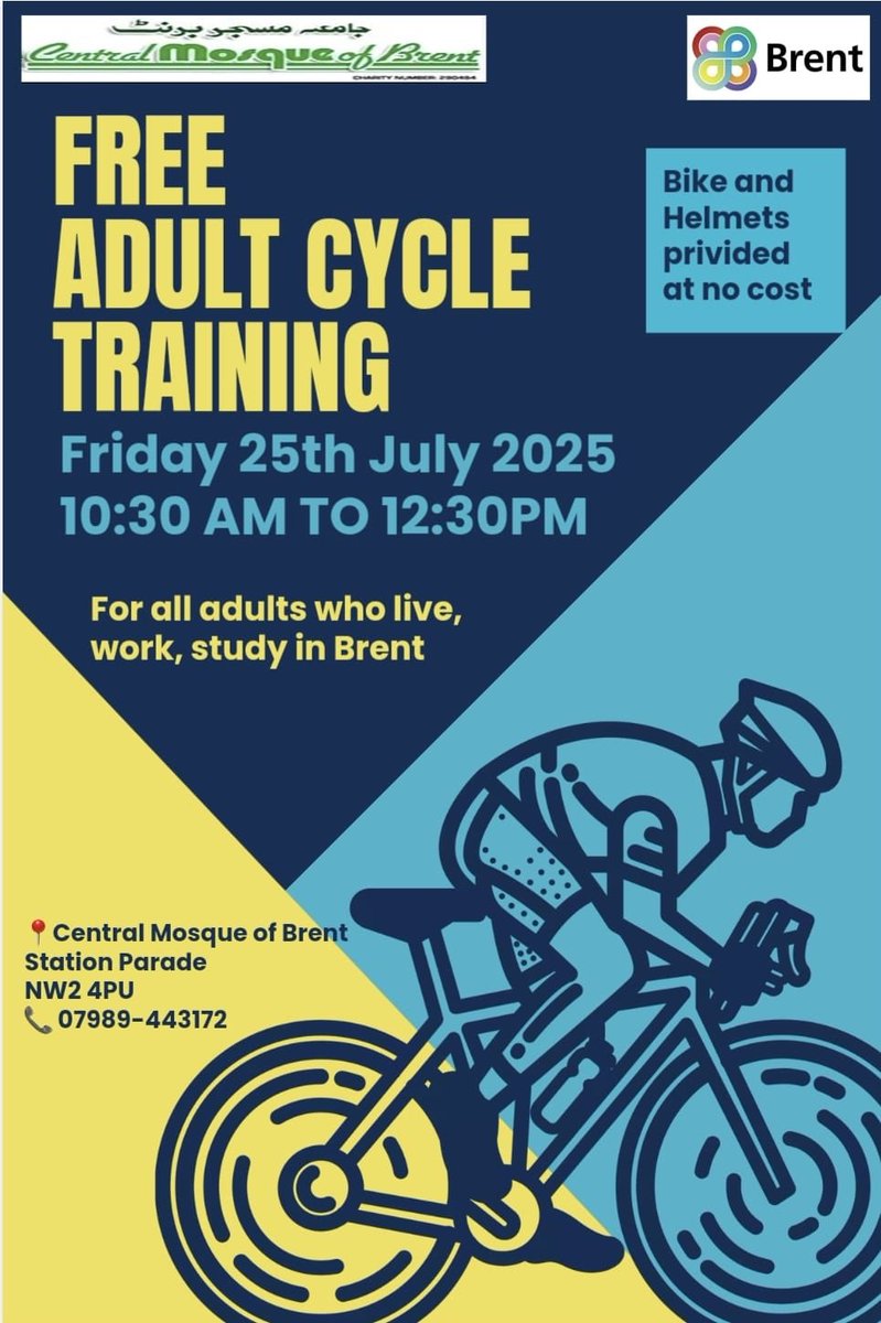 Looking forward to welcoming everyone between 10.30-12.00 on Friday 25th July 2025 at the Central Mosque of Brent for free bicycle training. Bring your own bike amd children welcome!! 
Take advantage of this brilliant initiative.