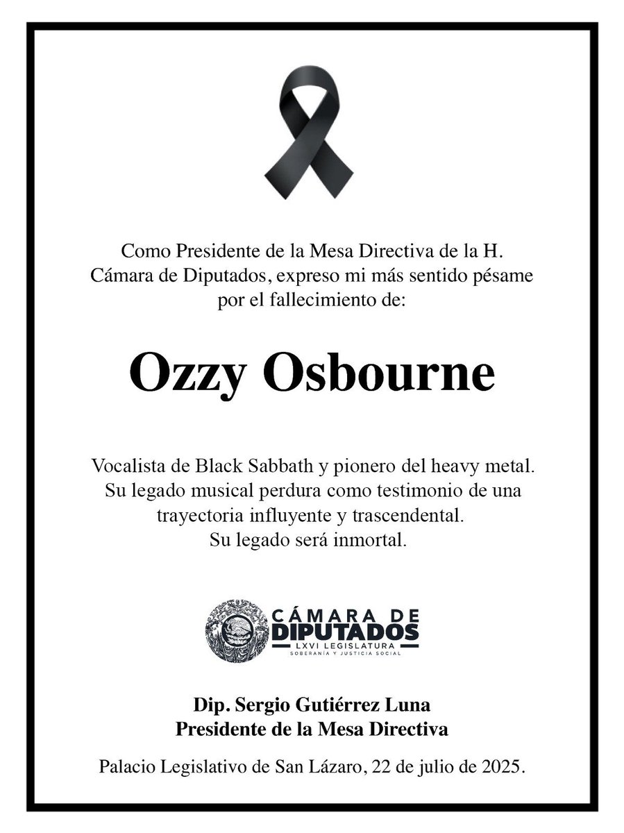 Mx_Diputados's tweet image. El Presidente de la Cámara de Diputados lamenta profundamente el fallecimiento de John Michael #Ozzy Osbourne, ícono global del heavy metal y figura influyente en la cultura contemporánea. Su legado será inmortal. 🎸🤘
