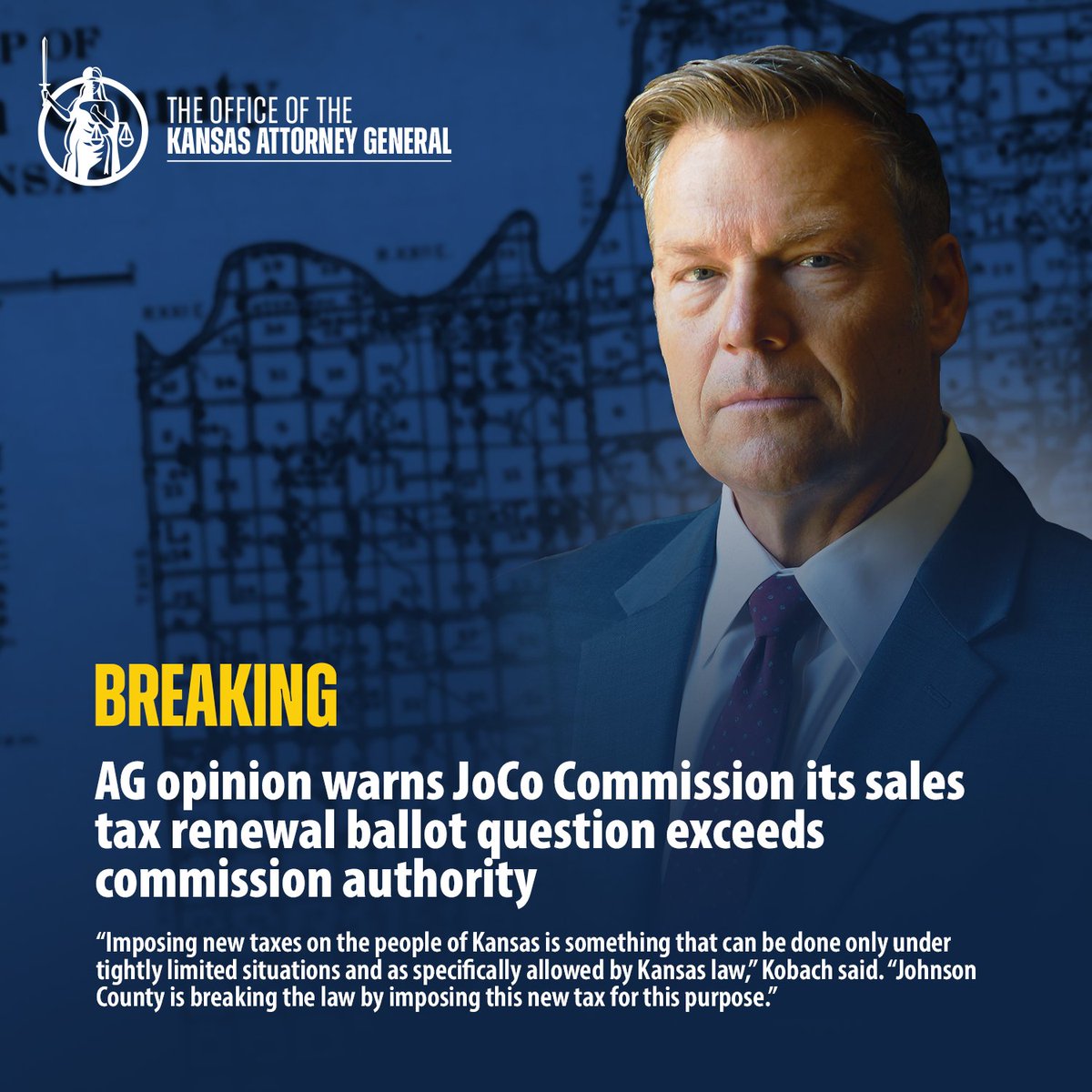KSAGOffice's tweet image. Imposing new taxes on the people of Kansas is something that can be done only under tightly limited situations and as specifically allowed by Kansas law. Johnson County is breaking the law by imposing this new tax for this purpose. ag.ks.gov/Home/Component…
