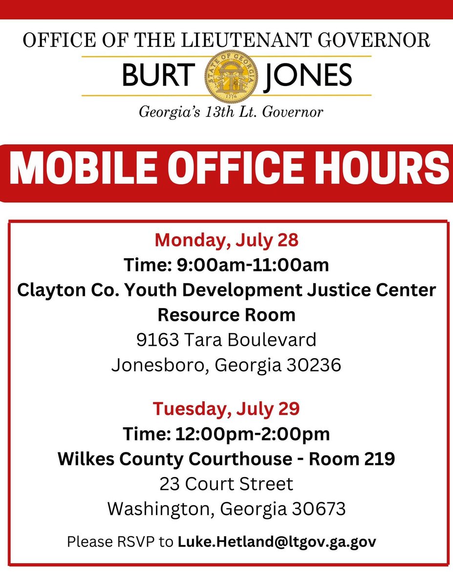 LtGovJonesGA's tweet image. Mobile Office Hours will be in Clayton and Wilkes Counties early next week! Stop by, meet with my team, and let us know how we can best serve your and you community.
More details listed below. #gapol