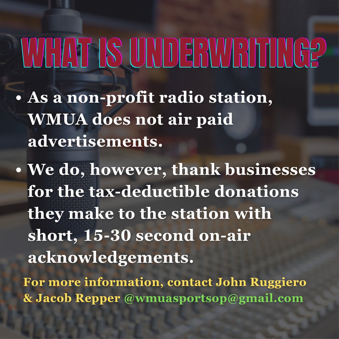 91.1 FM WMUA Sports (@wmuasports) on Twitter photo #UMasstwitter, we're looking for local businesses to underwrite with us for the '25-'26 school year!
If you want to partner with an award-winning sports radio station that entertains diverse audiences across the Pioneer Valley, then reach out to <a href="/JacobRepper1/">Jacob Repper</a> & <a href="/JohnR4949/">John Ruggiero</a> today #UMasstwitter, we're looking for local businesses to underwrite with us for the '25-'26 school year!
If you want to partner with an award-winning sports radio station that entertains diverse audiences across the Pioneer Valley, then reach out to <a href="/JacobRepper1/">Jacob Repper</a> & <a href="/JohnR4949/">John Ruggiero</a> today