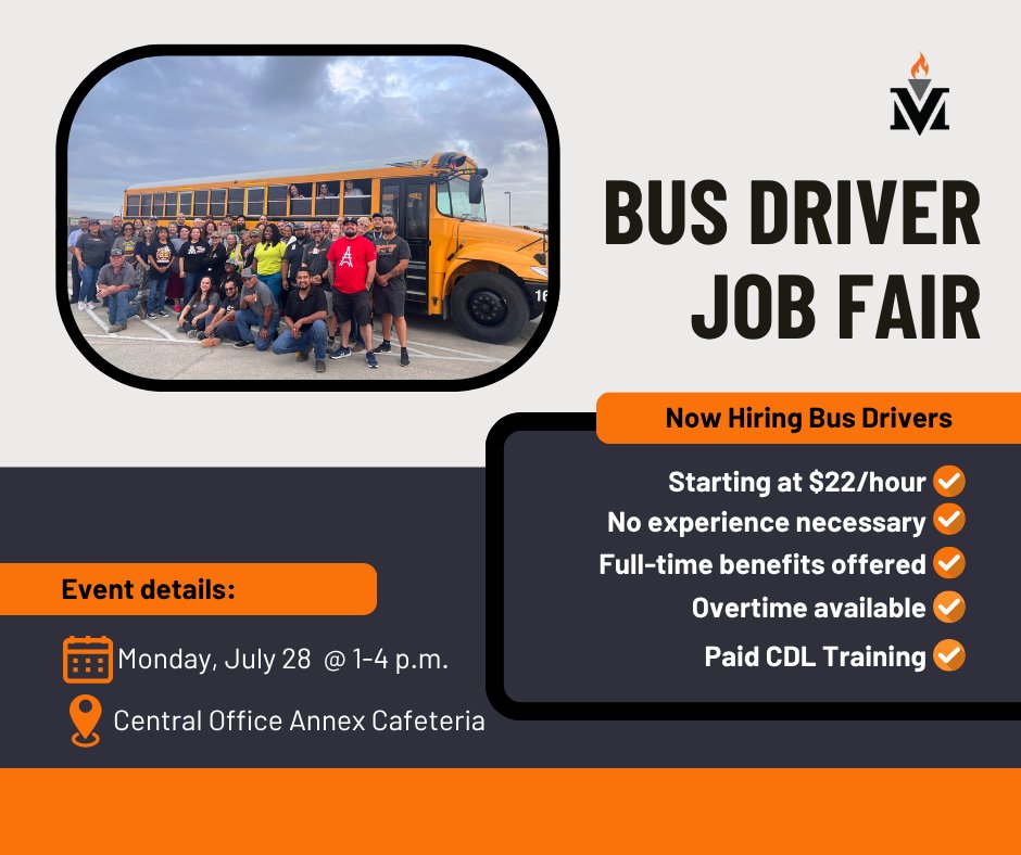 🚌 Now Hiring: Bus Drivers 🚌
Join us at the Medina Valley ISD Bus Driver Job Fair:

📅 Monday, July 28
🕐 1:00 PM – 4:00 PM
📍 Central Office Annex Cafeteria