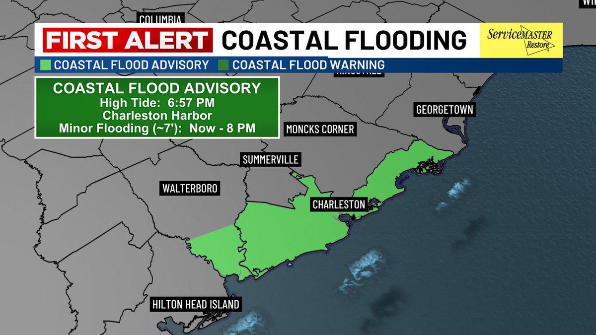 MinorWX's tweet image. FIRST ALERT: A "Coastal Flood Advisory" has been issued for the coastlines of Charleston and Colleton Counties until 8 PM. Minor coastal flooding is possible in low-lying areas, especially in flood-prone areas of Downtown Charleston. Light rain continues this evening. #SCWX