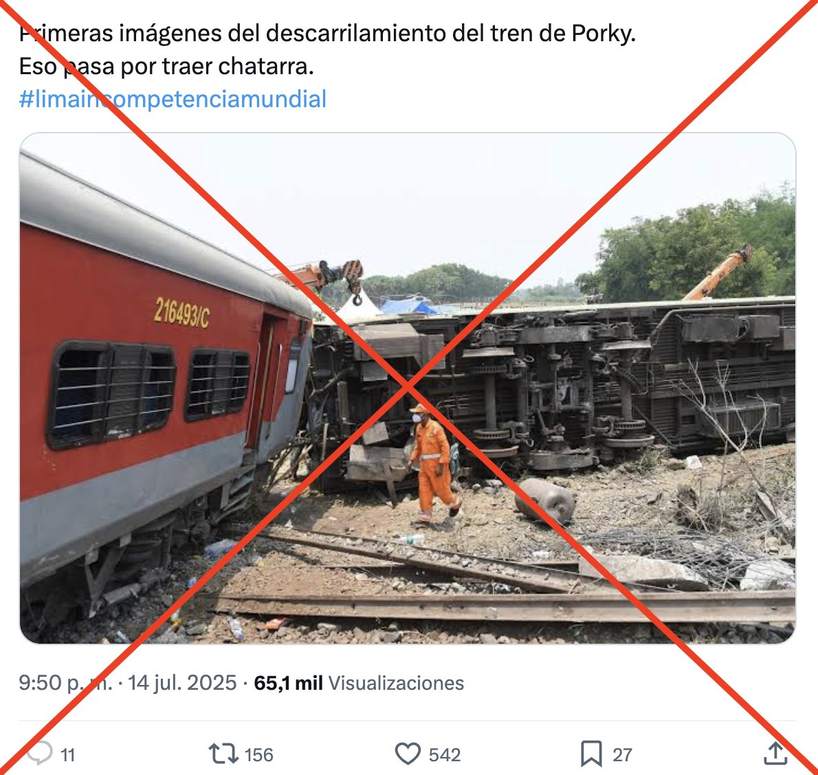 AfpFactual's tweet image. 🇵🇪 Circula en redes sociales una foto de un convoy volcado como si fuera el vagón descarrilado en Lima durante la presentación de los trenes Caltrain traídos de EEUU.
❌ Falso. La imagen retrata un accidente de tren ocurrido en India en junio de 2023.
➡️ u.afp.com/TrenLima