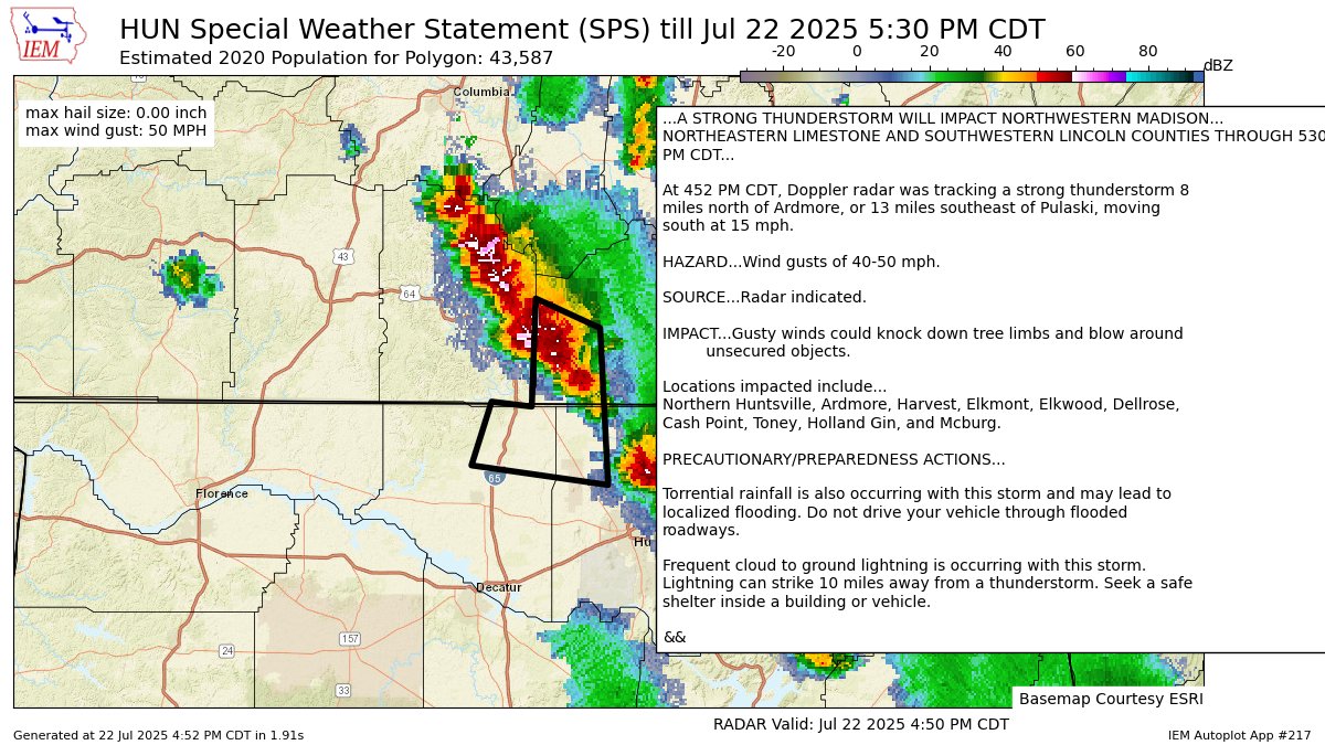 A STRONG THUNDERSTORM WILL IMPACT NORTHWESTERN MADISON [wind: 50 MPH, hail: 0.00 IN] for Limestone, Madison [AL] and Lincoln [TN] till 5:30 PM CDT mesonet.agron.iastate.edu/p.php?pid=2025…