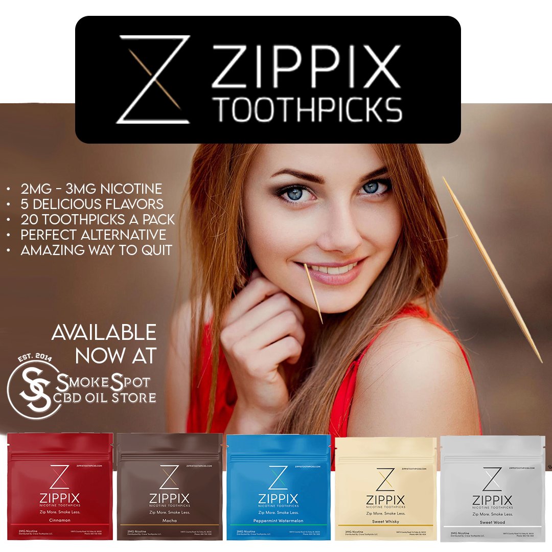 SmokeSpotCBD's tweet photo. Simple. Smooth. Strong and Sweet - is this the solution to the Flavor Ban?  I don't know, but they do taste good.  Zippix Nicotine Toothpicks - Available in 5 Flavors!  Available here!
.
.
.
.
.
#Mocha #peppermint #watermelon #sweetwhisky #sweetwood #nicotine #toothpicks @zippix https://t.co/mNfsKlJ7A2