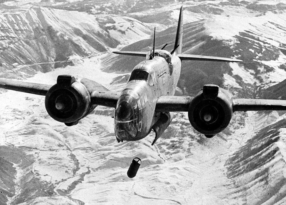 WW2Facts's tweet image. A Royal Air Force Baltimore light bomber drops a series of bombs during an attack on the railway station and junction at the snow-covered town of Sulmona, a strategic point on the east-west route across Italy, in February, 1944.
#History #WWII