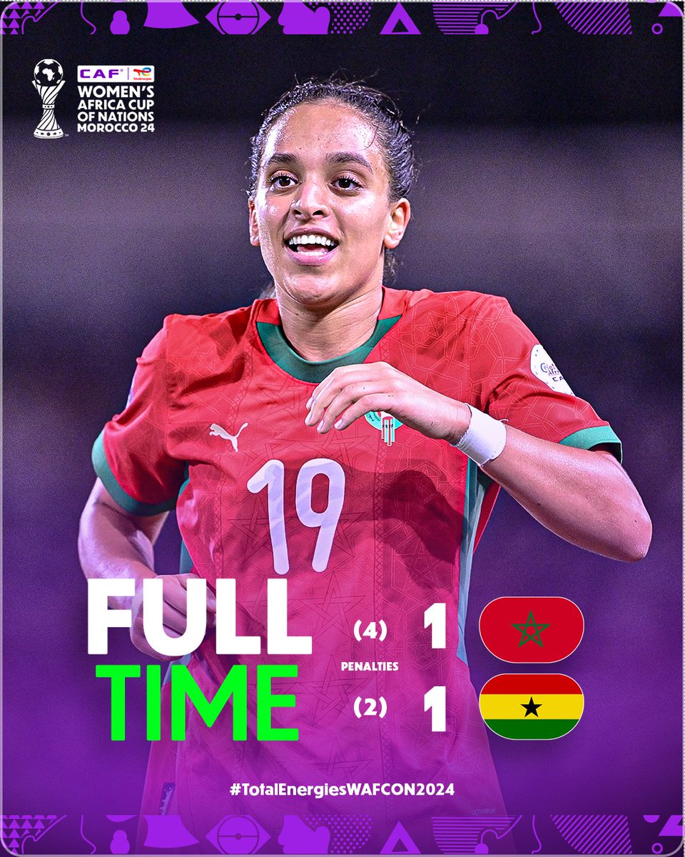 AfricaFactsZone's tweet image. Morocco's Atlas Lionesses beat Ghana's Black Queens 1-1 (4-2 on penalties) to advance to the final of the WAFCON.
They will play Nigeria's Super Falcons in the final. Morocco is the host nation.