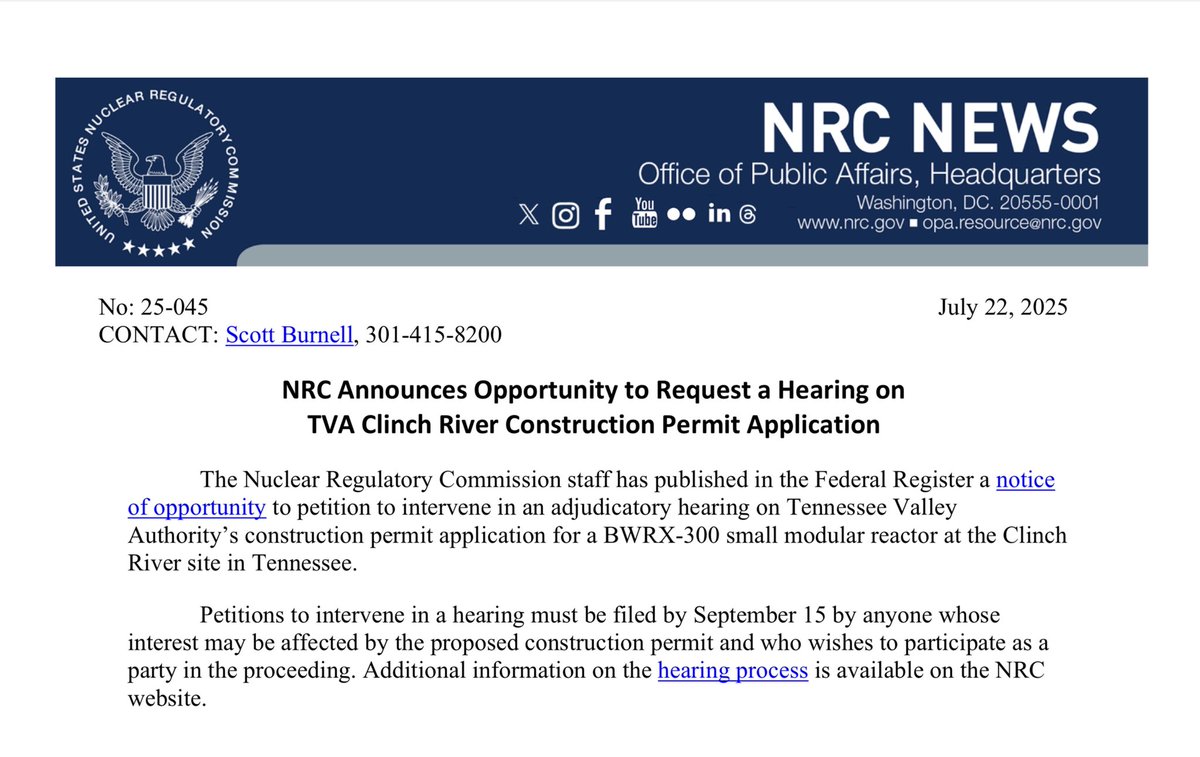 kenwaldek's tweet image. $NRC Announces Opportunity to Request a Hearing on
TVA Clinch River Construction Permit Application #uranium #utwits 

nrc.gov/cdn/doc-collec…

#open_secret