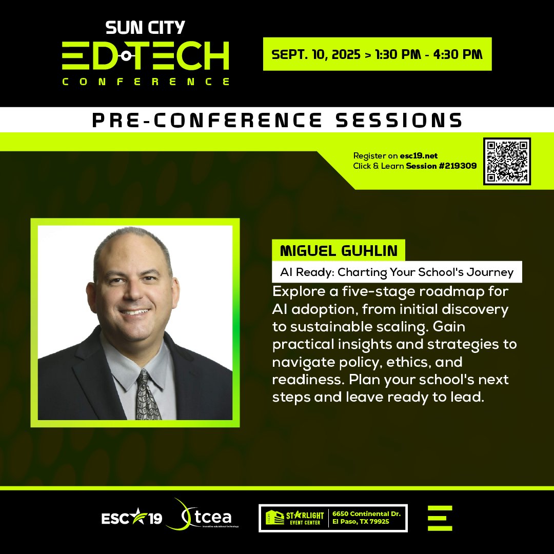 JOIN US FOR THESE INCREDIBLE PRE-CONFERENCE SESSIONS!

Explore a five-stage roadmap for AI adoption, from initial discovery to sustainable scaling. Gain practical insights and strategies to navigate policy, ethics, and readiness. Plan your school's next steps and leave ready to