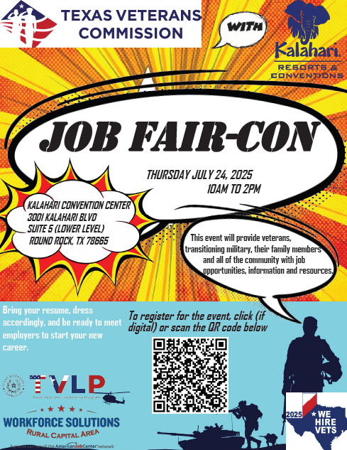Last reminder of our upcoming <a href="/TexasVeterans/">Texas Veterans Commission</a>
 Commission Job  Fair-Con packed with over 100 employers. Event is on July 24th in Round Rock at the <a href="/KalahariResorts/">Kalahari Resorts & Conventions</a>.

Job seekers can register for this exciting event at forms.office.com/pages/response…

#veterans #jobfair #jobs #careers
