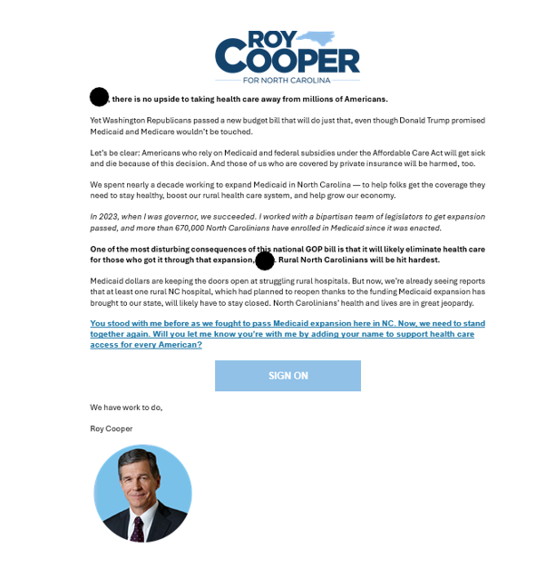 AndySpecht's tweet photo. ROY COOPER WATCH: Check out this email.
Does this sound like a man who will sit on the sidelines in North Carolina's U.S. Senate race? https://t.co/rWJ4iPI6hN