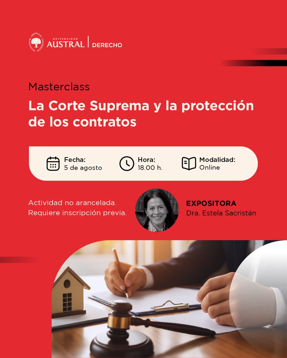 AustralDerecho's tweet image. 🛎️Más propuestas abiertas a toda la comunidad académica. Los invitamos a participar de la Masterclass: "La Corte Suprema y la protección de los contratos" a cargo de la Dra. Estela B. Sacristán
📅 5 de agosto │ 🕑18 h │💻 online
Registrate
🔗 👉 cuf4.short.gy/A8BkDl