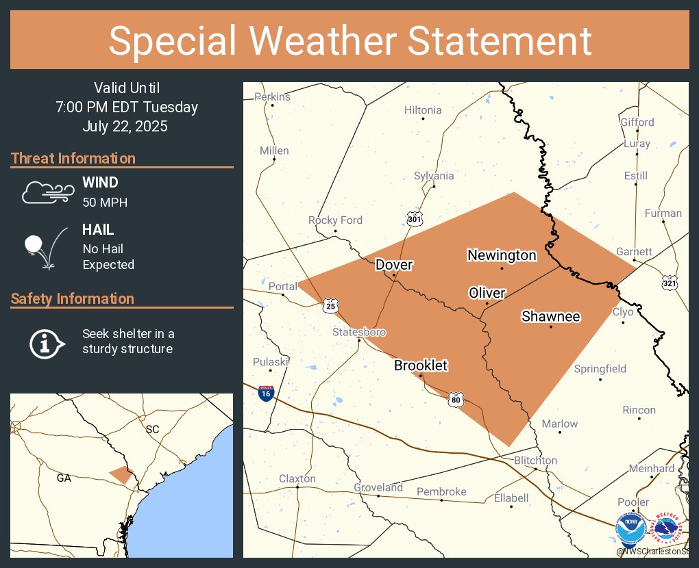 NWSCharlestonSC's tweet image. A special weather statement has been issued for Brooklet GA, Newington GA and Oliver GA until 7:00 PM EDT