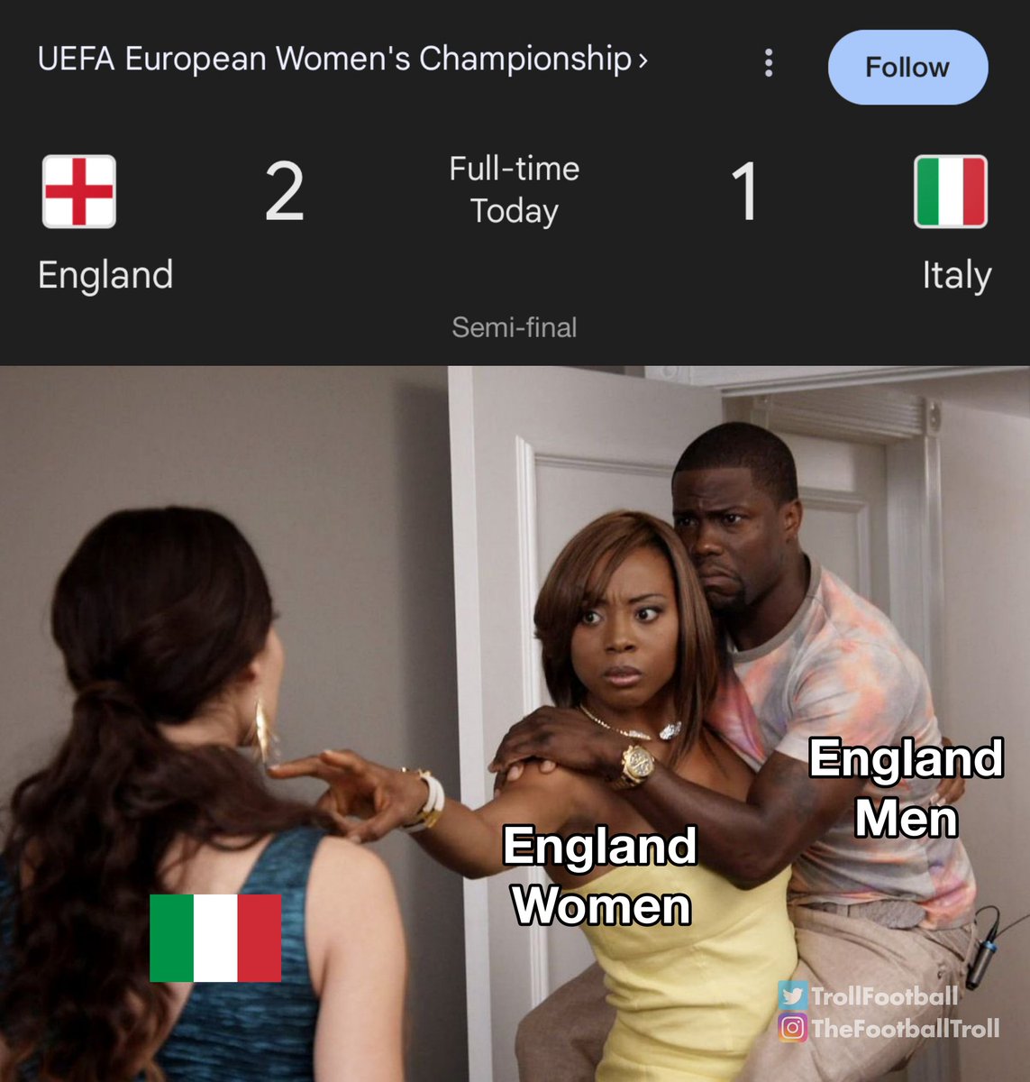 TrollFootball's tweet image. England women take revenge on Italy for the men.