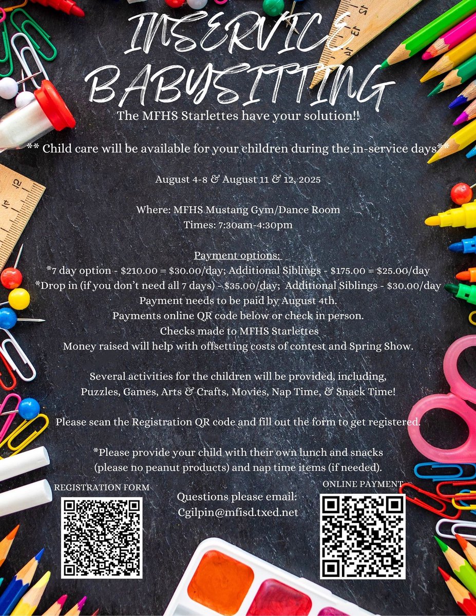 MFHS Starlettes (@mfhs_starlettes) on Twitter photo MFISD Employees. Starlettes are offering babysitting during inservice days! See flier for info and how to register and make payment. You can email me with any questions cgilpin@mfisd.org or cgilpin@mfisd.txed.net MFISD Employees. Starlettes are offering babysitting during inservice days! See flier for info and how to register and make payment. You can email me with any questions cgilpin@mfisd.org or cgilpin@mfisd.txed.net