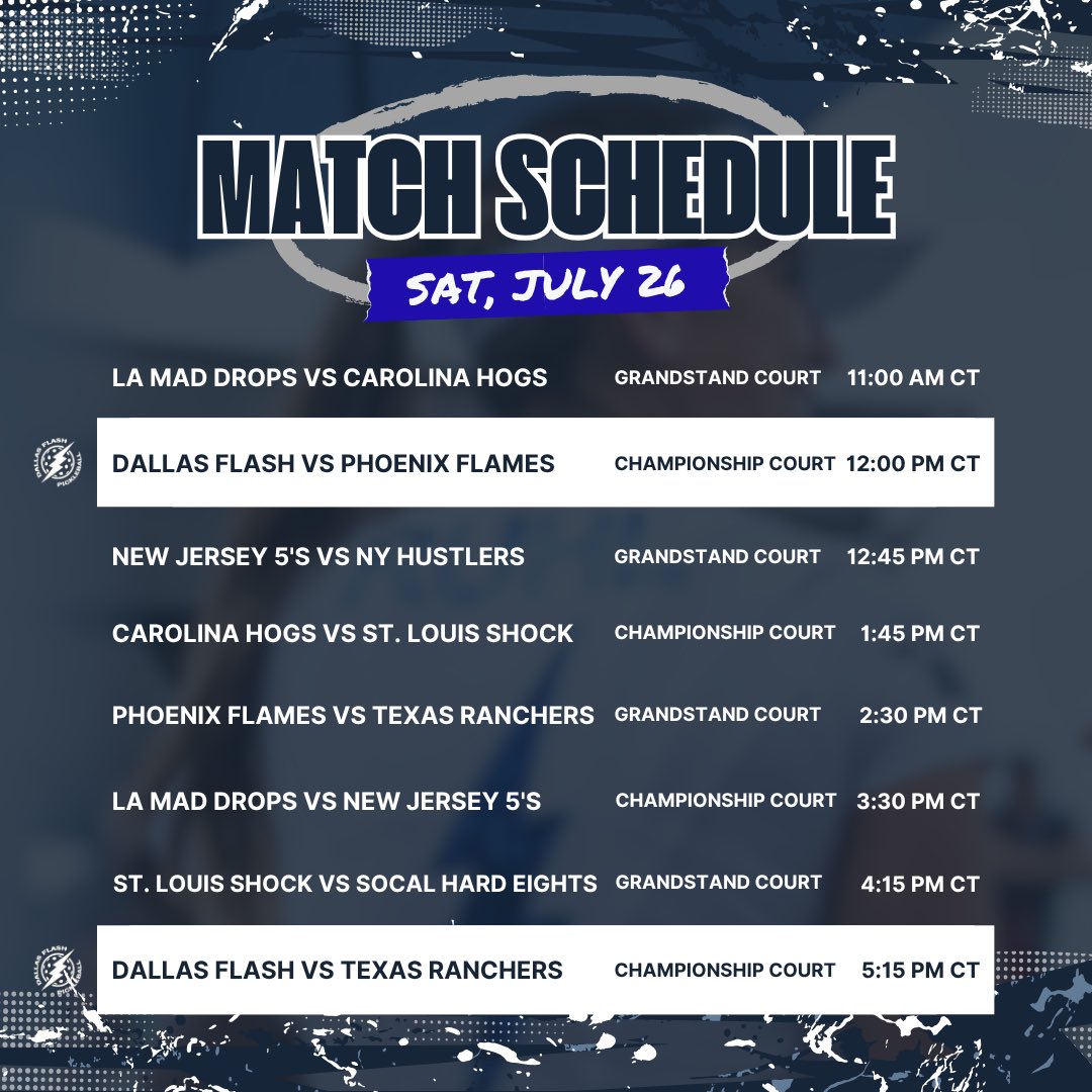 DallasFlashPB's tweet image. 🚨MATCH SCHEDULE FOR MLP DALLAS🚨
Come show your support for your favorite teams. And let’s show everyone how unreal the Flash Mob really is.
Pickler Universe
July 24-27
FLASHMOB15 = 15% courtside tickets
DallasFlashPB.com