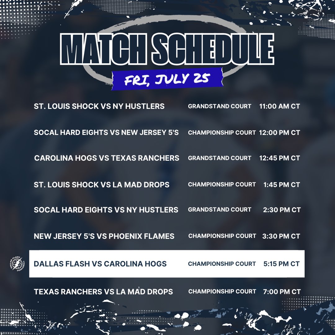 DallasFlashPB's tweet image. 🚨MATCH SCHEDULE FOR MLP DALLAS🚨
Come show your support for your favorite teams. And let’s show everyone how unreal the Flash Mob really is.
Pickler Universe
July 24-27
FLASHMOB15 = 15% courtside tickets
DallasFlashPB.com