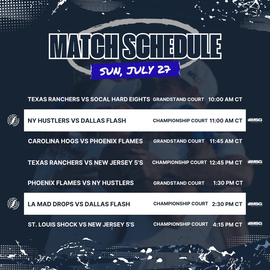 DallasFlashPB's tweet image. 🚨MATCH SCHEDULE FOR MLP DALLAS🚨
Come show your support for your favorite teams. And let’s show everyone how unreal the Flash Mob really is.
Pickler Universe
July 24-27
FLASHMOB15 = 15% courtside tickets
DallasFlashPB.com