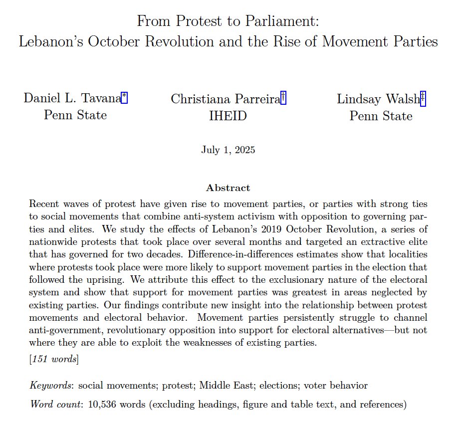 Daniel L. Tavana (@danieltavana) on Twitter photo New preprint with <a href="/cmparreira/">Christiana Parreira</a> and <a href="/saralindsayw/">Lindsay Walsh</a> posted to @SocArXiv: "From Protest to Parliament: Lebanon’s October Revolution and the Rise of Movement Parties." Link: osf.io/preprints/soca… New preprint with <a href="/cmparreira/">Christiana Parreira</a> and <a href="/saralindsayw/">Lindsay Walsh</a> posted to @SocArXiv: "From Protest to Parliament: Lebanon’s October Revolution and the Rise of Movement Parties." Link: osf.io/preprints/soca…