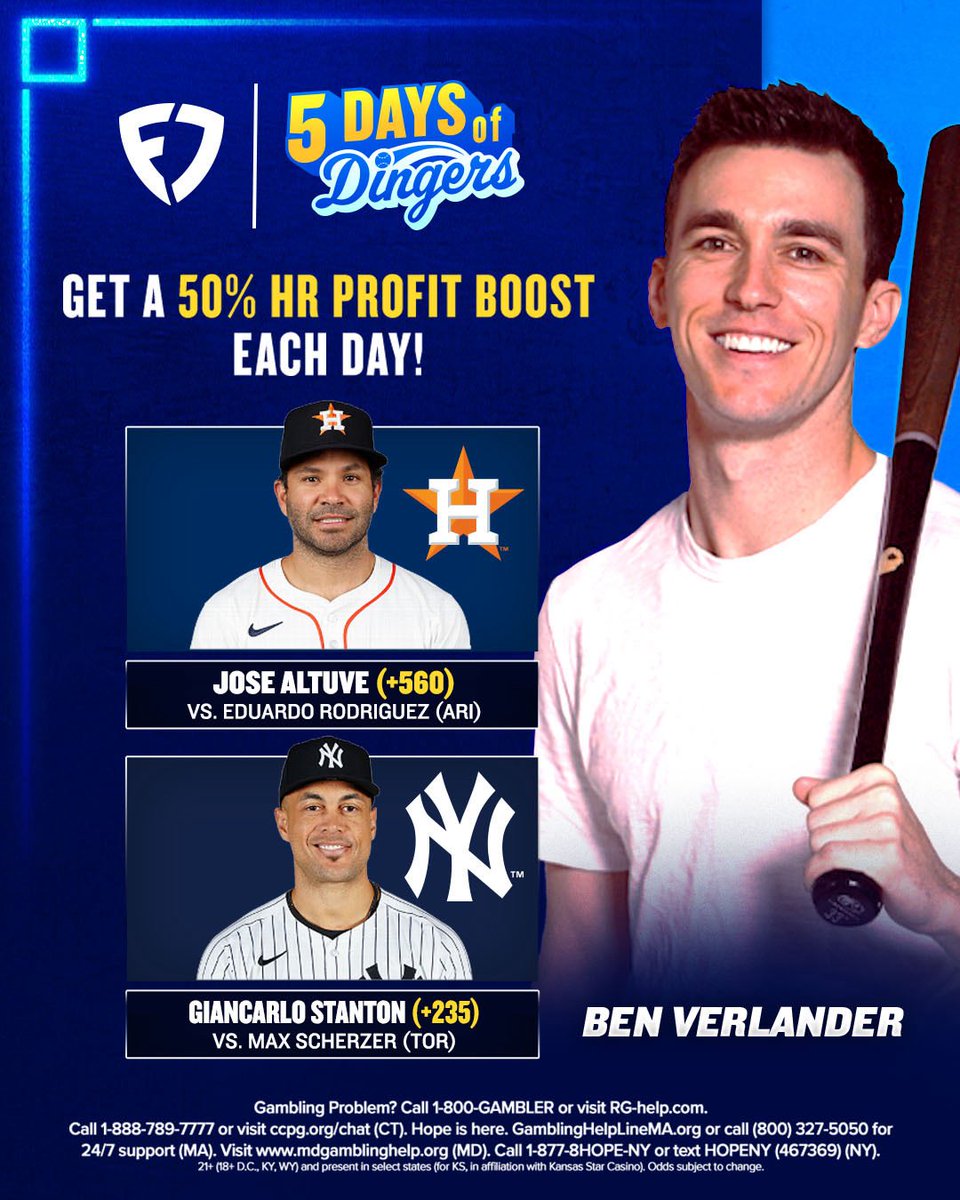 BenVerlander's tweet image. The FINAL DAY of 5 Days of Dingers on @FDSportsbook!
Pick a player and get a 50% profit boost on them to hit a homer.
These guys are my picks today