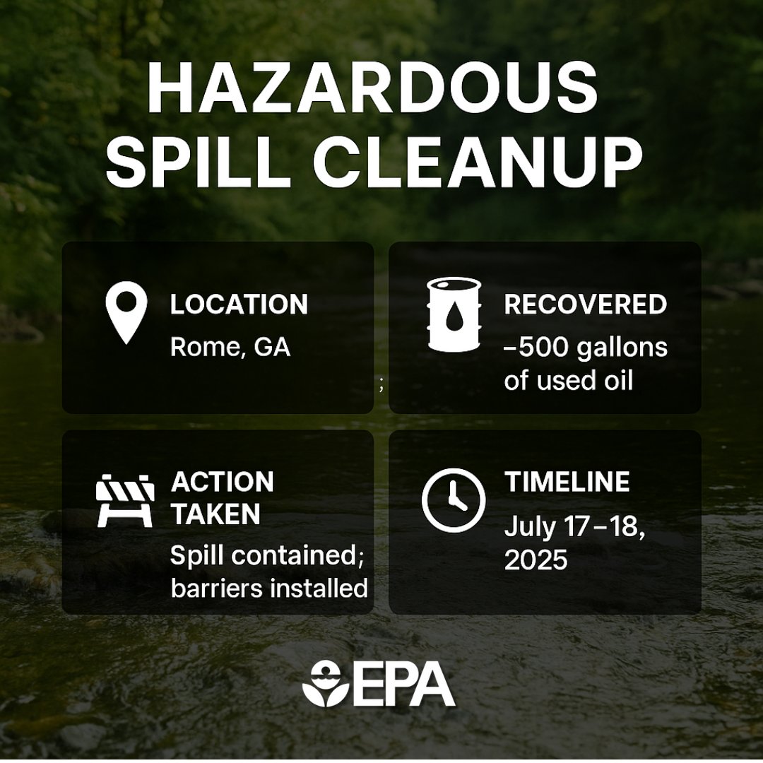 🚨 Emergency Response in Floyd County, GA 🚨

On July 17, local responders, discovered that an auto related facility in Rome had discharged oil and hazardous materials into storm drains and a nearby stream—right next to homes and a daycare. 🏡 👶 🌊

EPA Southeast quickly