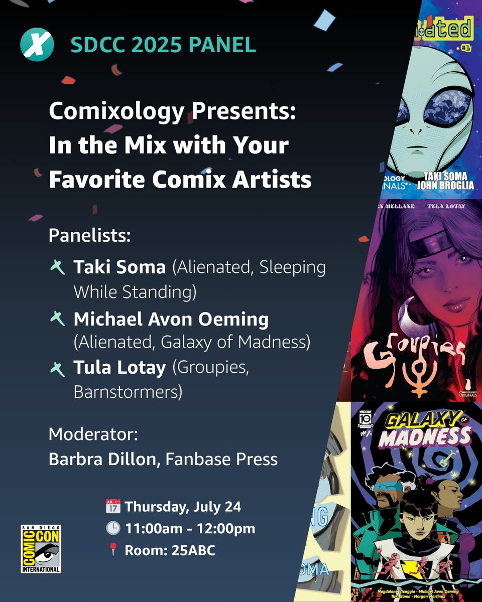 Comixology's tweet image. Unlock comic art secrets! ✨ Join @TakiSoma, @Oeming, & Tula Lotay at "In the Mix with Your Favorite Comix Artists" on Thurs, July 24, 11 AM in Room 25ABC! They'll dive into design, layout, & style. #SDCC2025
Moderated by @barbrajdillon