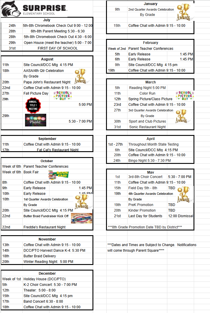SUPESCubs's tweet photo. Hi Surprise Families,
We want you to know about some important dates that will be occurring throughout the school year.  We hope you can join us at our events throughout the school year.  If dates are going to change we will post the change through Parent Square &amp; here. https://t.co/3vFCStCVfw